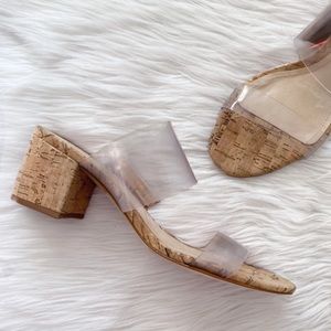 Schutz Victorie Cork and Clear Vinyl Mule Sandal Heels
